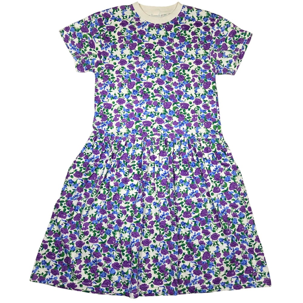 Vintage Nan Dorsey Floral Print Dropped Waist Dress Womens L Purple 1920s Style‎